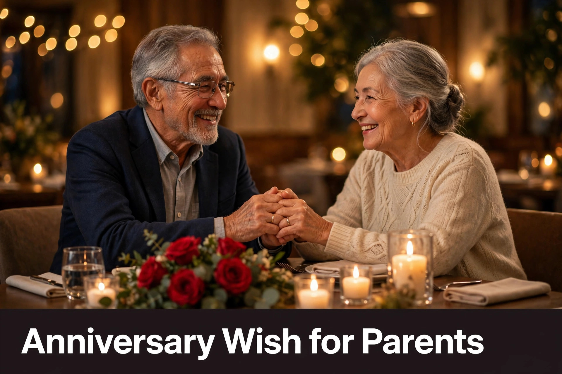 Anniversary Wish for Parents - elderly couple holding hands at a candlelit dinner with roses and golden lights