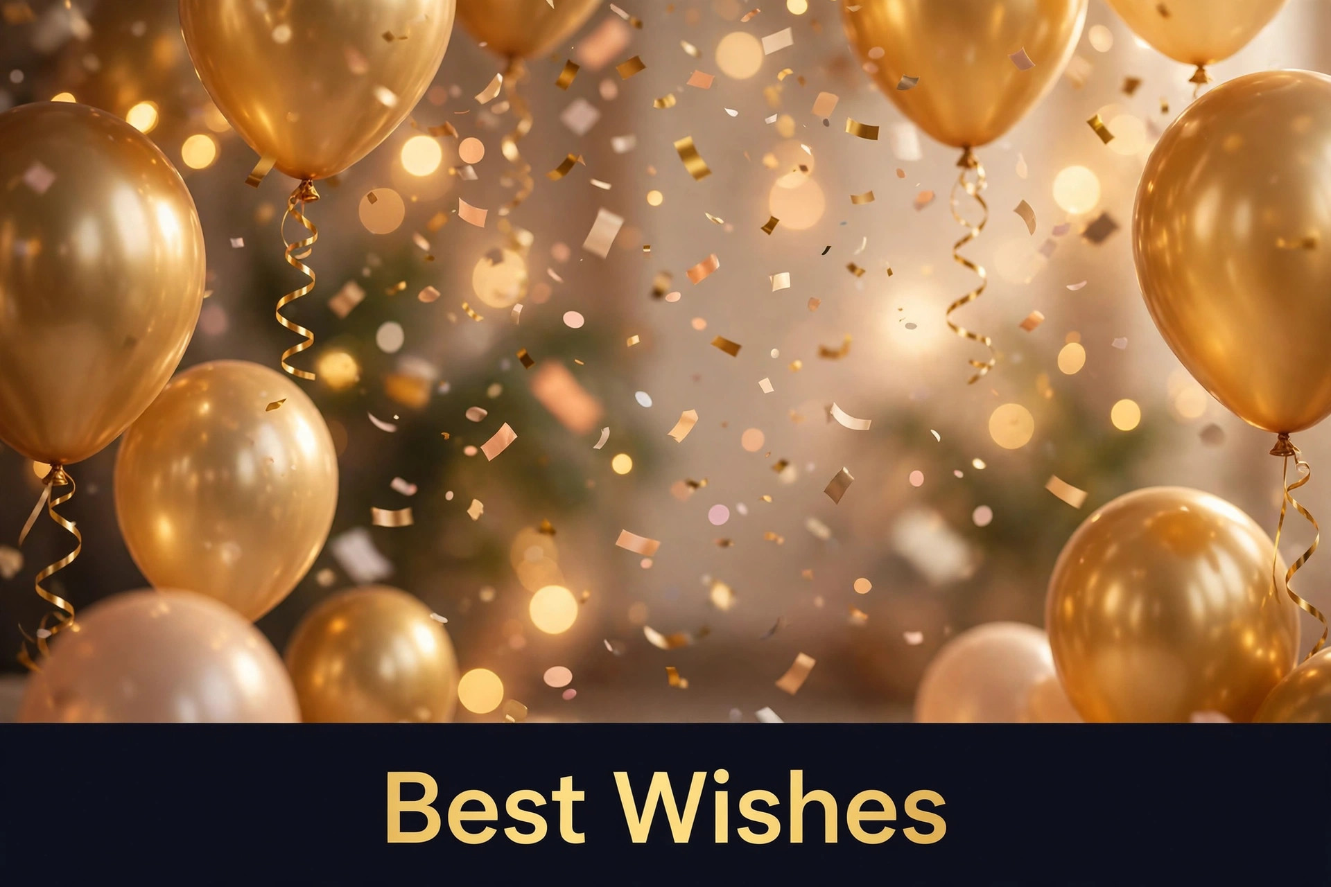 Best Wishes - golden balloons, confetti and glowing lights celebration scene