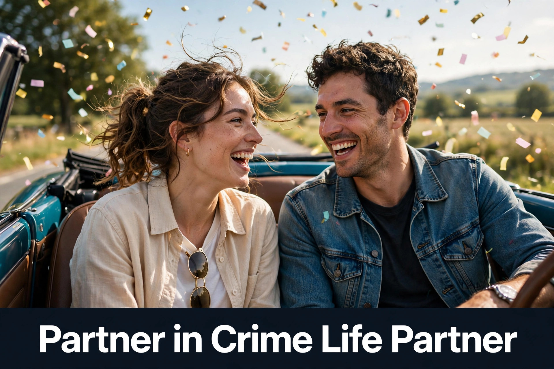 Partner in Crime Life Partner - happy couple laughing together on a sunny road trip with confetti