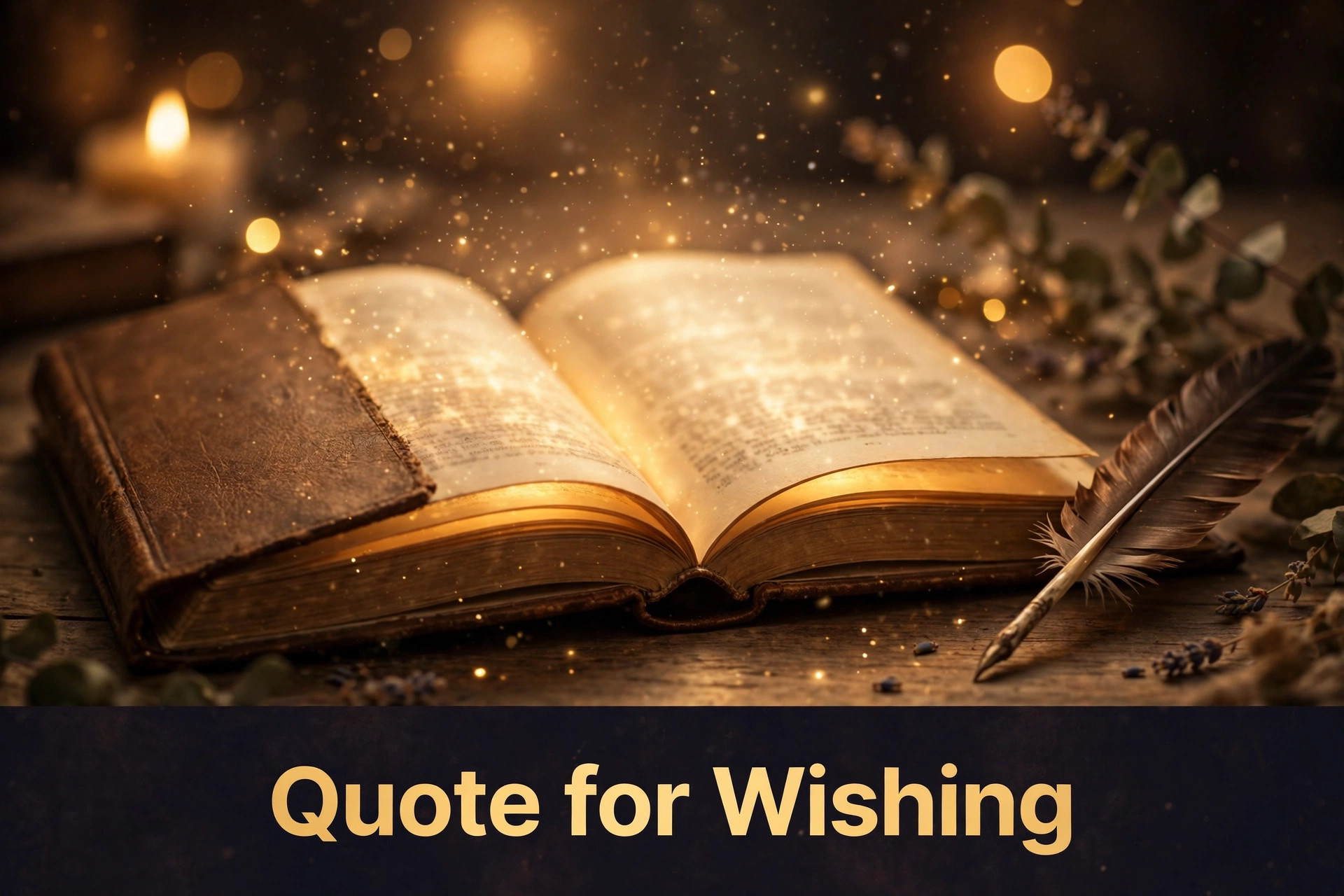 Quote for Wishing - open glowing book with quill pen and golden light, cozy literary scene